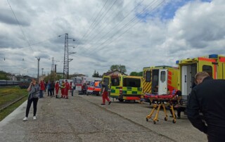 Ambulances in a row at a platform